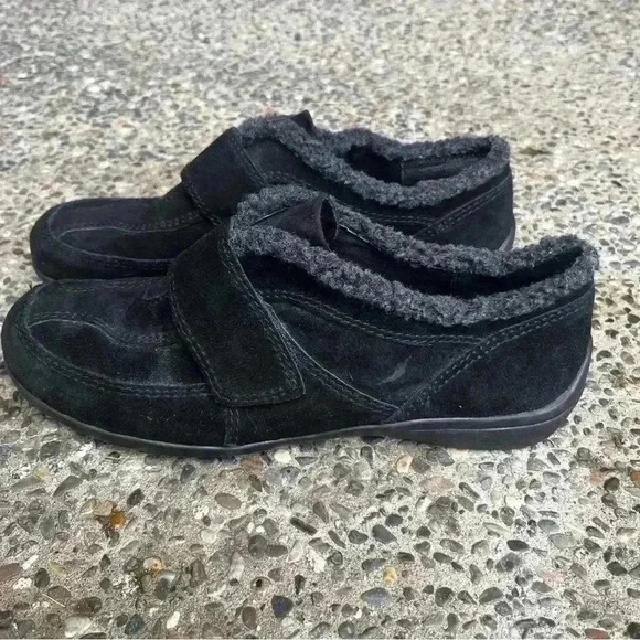 Clarks In Motion Easy Spirit Leather Faux Fur Ankle Loafer Women 10M Black - Picture 3 of 8